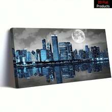 1 Piece Large Frame Canvas Painting Art Print,Biuteawal Black White Blue City Wall Art Chicago Pictures Decoration Moon Night Cityscape Skyline Canvas Painting Prints Framed Modern Home Living Room Bedroom Decor,High Quality Wall Art Printed Poster Can Be Hung Directly,Pine Frame,Night Decor,Office Art|Exquisite Home Art|Wooden Framed Art,Room Decor - Nhiều màu - Xem 4