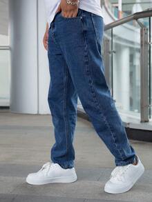 Jeans rectos casuales de unicolor para hombres - Azul lavado oscuro - Ver 2