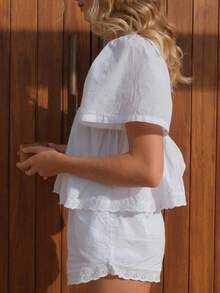 Women Y2k Lace Trim Shirt Babydoll Short Sleeve Ruffle Hem Flowy T Shirts Summer Boho Tops  Going Out Tops Streetwear - 白色 - 查看 3