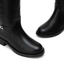 Women's Flat Round Toe Knee High Boots Low Block Heel Side Zipper Boots Fashionable Comfortable Chain Decorated Boots For Fall And Winter - 黑色 - 查看 6