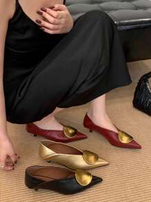 Fall/Winter 2025 Summer New Metal Buckle Pointed Toe Thin Heel Mid-Heel Mule Sandals For Women, Closed Toe Slip-On,Elegant - Burgundy - View 7