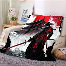 Japanese Samurai Spirit Soft Flannel Throw Blanket - Versatile All-Season Comfort, Reversible Cartoon Print, Easy-Care Polyester, Perfect For Bed, Sofa, Camping & Travel - 31"X47", 50"X59", 59"X78" Sizes Available