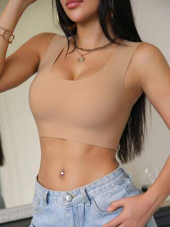 Women's Nude Wireless Bra, Thin Fabric, Lift & Support, Removable Pads, Seamless, Comfortable, Elastic, Wide Straps, U-Shaped, Sports Bra