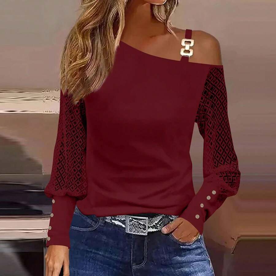 Herbst Sexy Bluse Damen Elegant Off-Shoulder Langarm Blusen für Frauen Mode Pullover Weiß - Rot - Übersicht 1