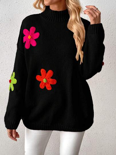 Women's Oversized Casual Long Sleeve Round Neck Dropped Shoulder Printed Sweater, Suitable For Autumn/Winter [Back To School Season]