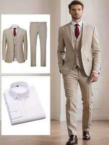 4pcs Men Suit Blazer Jacket Vest Pants Shirt, Closure Collar Two Button Pinstripe Men Elegant Attire For Wedding Banquet Dinner Various Formal Occasions - 香檳色 - 查看 1