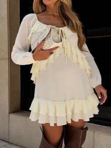 IGKEEL Solid Color Bohemian Style Chiffon Twist Ruffle Hem Long Sleeve Dress, Autumn/Winter - Apricot - View 8