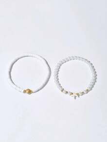 2 件套夏季海洋主题贝壳和海星串珠脚链，手工制作的聚合物粘土人造珍珠首饰，适合女士日常佩戴和海滩/派对 - 白色 - 查看 4