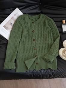 女士高端韩版长袖针织开衫复古纽扣秋冬圣诞绿日常约会通勤长袖上衣 - 綠色 - 查看 8