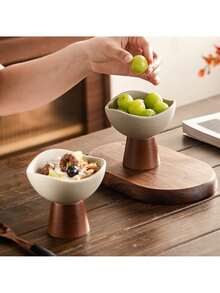 1 كوب آيس كريم سيراميك سميك ذو قاعدة خشبية عالية بطراز رجعي، وعاء حلوى عالي الجودة مناسب للزبادي والشوفان والمشروبات الحليبية والفواكه، مناسب للمنزل والمطعم والتجمعات الخارجية وحفلات عيد الميلاد والمناسبات