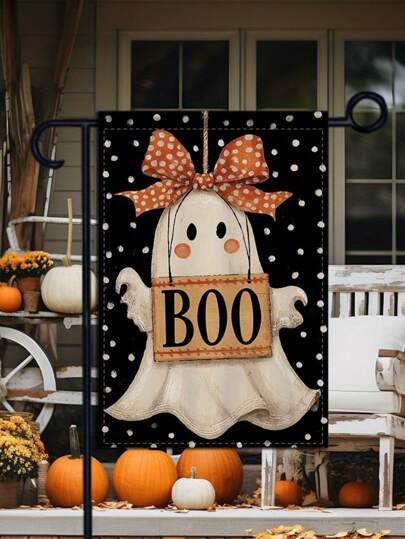 1 Stück doppelseitige Halloween Gartenflagge - Süßes BOO Muster (ohne Fahnenstangen), schwarzes Thema, strapazierfähiges Leinenmaterial Outdoor Dekofahne, 30 x 45 cm, geeignet für Rasen, Veranda, Hof und Garten Dekoration, sehr passend für Halloween Deko, Heimdekoration, Halloween Dekorationen, Outdoor Deko