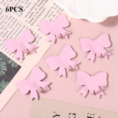 6PCS/Set Bow Storage Hooks, 1.6 Inch, Pink, Adhesive Hooks, Hang Bath Balls, Hand Towels, Suitable For Baby Rooms, Bathrooms, And Home Stuff