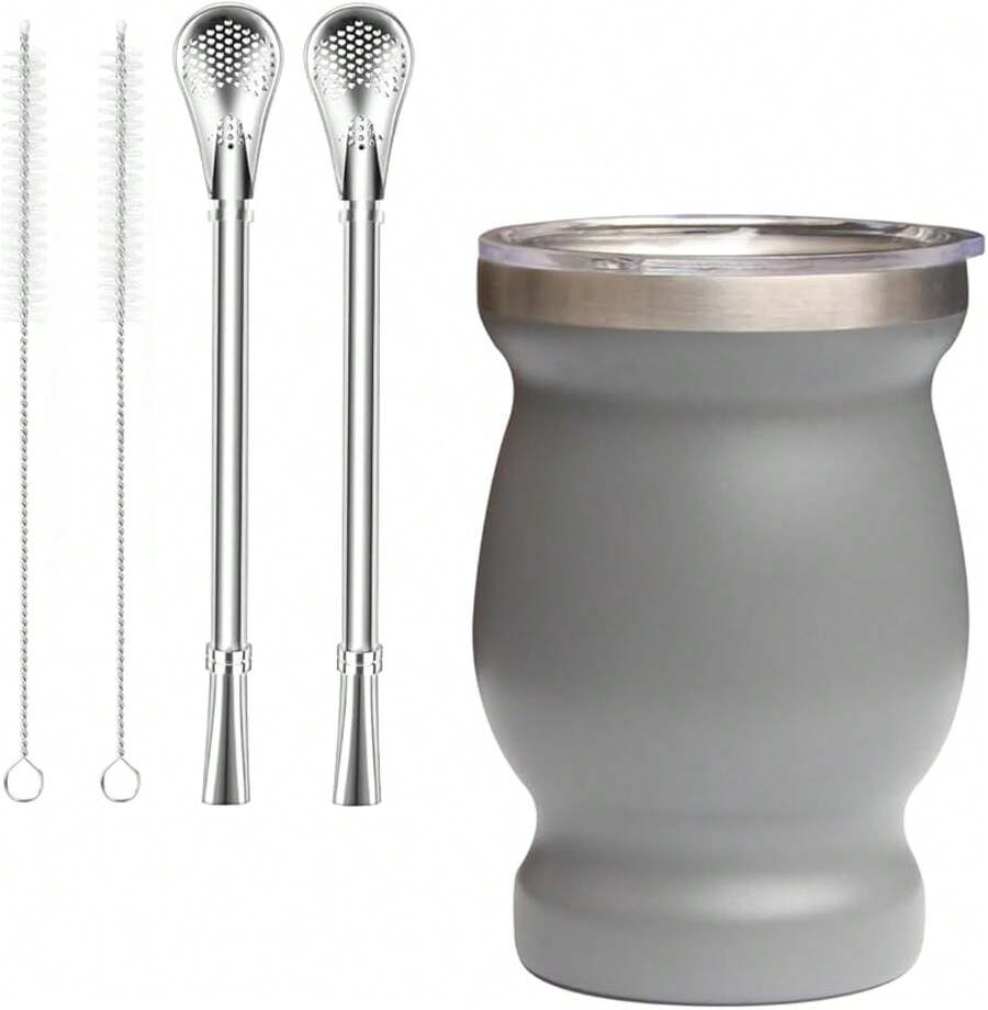 VNX Bombilla Yerba Mate Gourd, 8oz Stainless Steel Tea Cup Set With A Multifunctional Lid, Two Straws And Cleaning Brushes, Double Walled Coffee Mug Heat Insulation Anti Scalding (Peachy Pink) - Bầu trời đầy sao màu xám - Xem 1