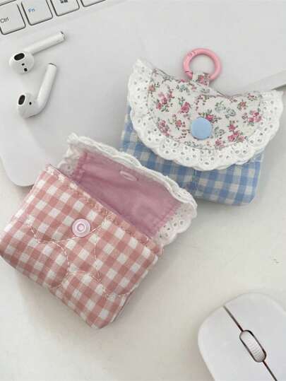 1Pc Cute & Fresh Lace Earphone Case, Compatible With Apple Earphones Protection Cover, Soft Case For Wireless Bluetooth Earbuds, Purse Grid Pattern Floral Earphone Bag,Christmas Gifts, Wedding Gifts