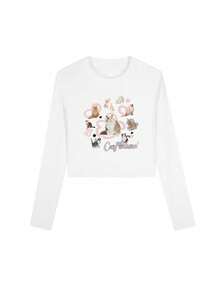 女式休闲卡通猫咪印花修身短款长袖T恤，百搭，棉质，春秋季 - 白色 - 查看 5