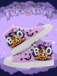Women's Custom Halloween High-Top Sneakers, Personalized Your Face Pumpkin And Bat Design, Lightweight Comfortable And Stylish, Funny Halloween Gift For Mom/Dad/Her/Him/Girlfriend/Boyfriend/Wife/Husband/Friend, Unique Halloween Decor Footwear - White - View 5