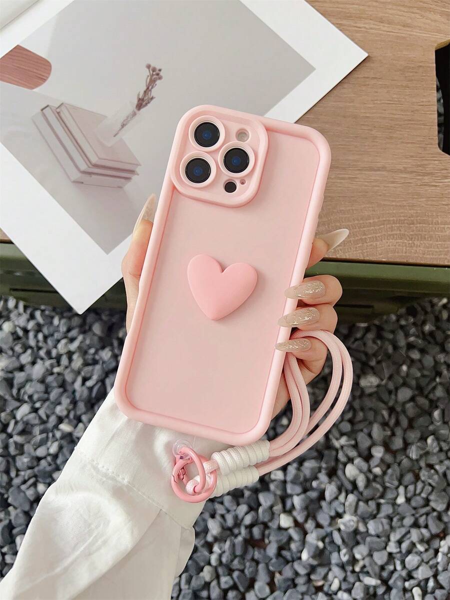 Pink 1pc Solid Color Dopamine Matte Black Heart Minimalist Clean Phone Case Compatible With IPhone 16 Pro Max Waterproof Shockproof Anti-Fall Scratch Resistant,International Version, Not The Domestic Version