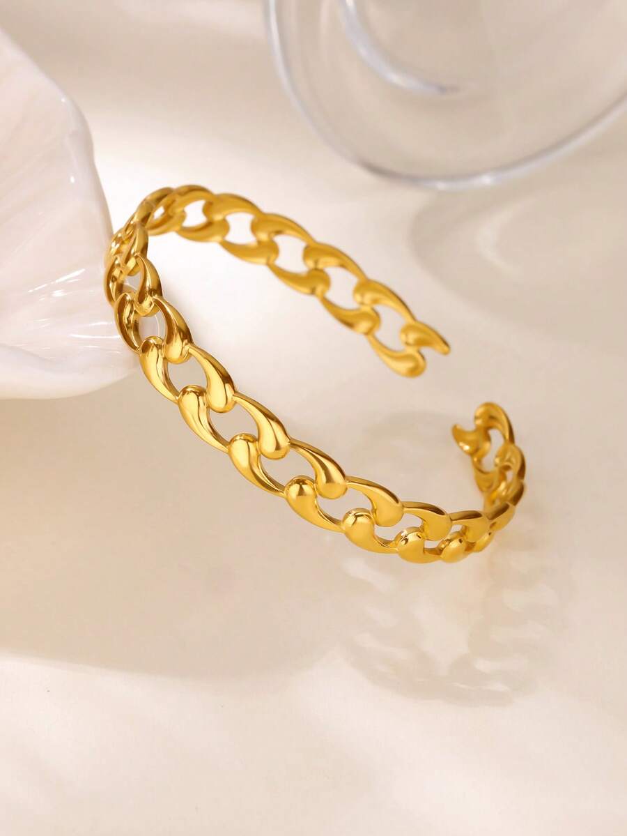 1 件经典链环袖口手镯，适合女士，18K 镀金不锈钢开口可调节手镯，简约时尚珠宝配饰，适合女士的礼物 - 金黃色 - 查看 1