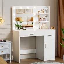 Makeup Vanity Desk With Adjustable Tri-Color LED Light & Power Outlet& Partitioned Cabinet - View 6