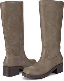 Women's Knee High Square Toe Chunky Block Riding Boots, Low Heel, 2025 Fashion - 灰褐色 - 查看 5