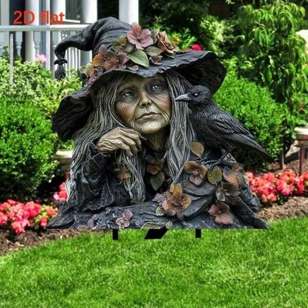 2D Flat Witch And Crow 2D Flat Outdoor Decor - Classic Gothic Halloween Yard Art, Durable Acrylic Lawn Decorations For Garden, Patio, Planter - No Batteries Needed, Unique Gift Idea, Halloween Decoration, Intricate Details, Natural Look Design, 2D Flat