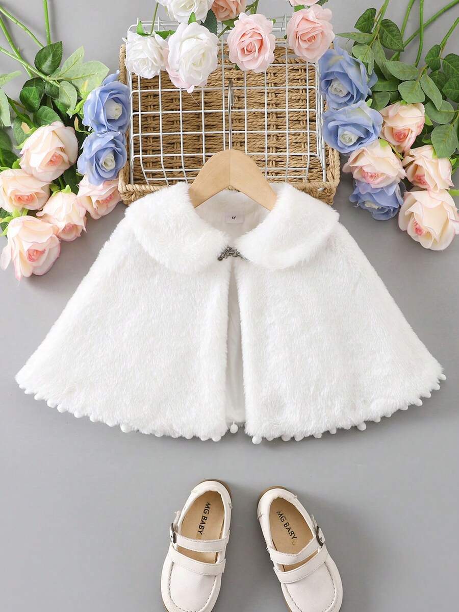 Girls' Soft Plush Turndown Collar Jacket With Cute Pom Pom Poncho Cape, Autumn/Winter