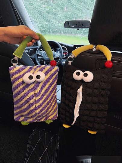 1个可爱怪兽汽车纸巾悬挂袋/汽车座椅纸巾架/创意卡通汽车内饰装饰/卧室仿毛皮纸巾盒，魔术贴设计，安装简便，多种颜色可选，适用于尺寸不超过（13厘米长 x 9厘米宽 x 9厘米高）的纸巾盒/散装纸巾。