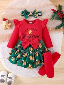 2件套女婴可爱字母印花长袖连体衣+印花裤+发带+腿套，秋季款 - 紅色 - 查看 2