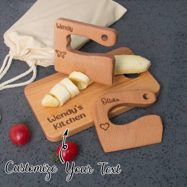 1 pieza Cuchillo y tabla de cortar de madera personalizada grabada para niños, regalo de cumpleaños para niños, regalo de un año, juguetes de cocina Montessori personalizados, regalo ideal para niños pequeños y mini chefs, regalo del Día del Niño, rompecabezas