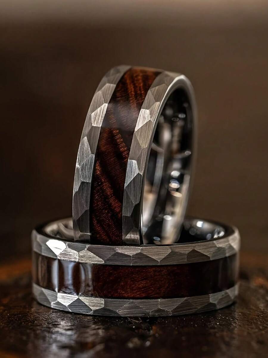 8mm Fashion Stainless Steel Rings For Men Vintage Hammered Silvery Whiskey Barrel Koa Wood Men Rings Jewelry Accessories Party Gift