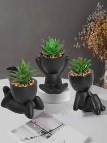 1盆/3盆仿真多肉植物，单盆迷你多肉盆栽，3种形状可选，黑色陶瓷盆，卡通设计，PP/PE材质，绿色，桌面装饰，家居装饰，花园装饰，学校，宿舍，办公室装饰，户外植物，园艺，仿真花，返校季房间装饰，学习用品 - 黑色 - 查看 10