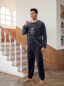 Bộ đồ ngủ nam đơn giản, bộ đồ ngủ bằng vải flannel ấm áp gồm áo dài tay rộng và quần rộng, thích hợp cho mùa thu/đông. - Màu xám đen - Xem 4