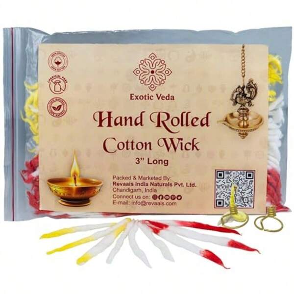Exotic Veda Premium Long Cotton Wick With Two Brass Wick Holder For Pooja Items Luxury Organic Cotton Wicks For Puja Thali HighQuality Pooja Wick Set 200 Pieces Decorative And CleanBurning