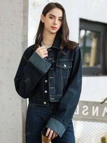 HH Dames Mode Effen Denim Revers Lange Mouwen Jas Top