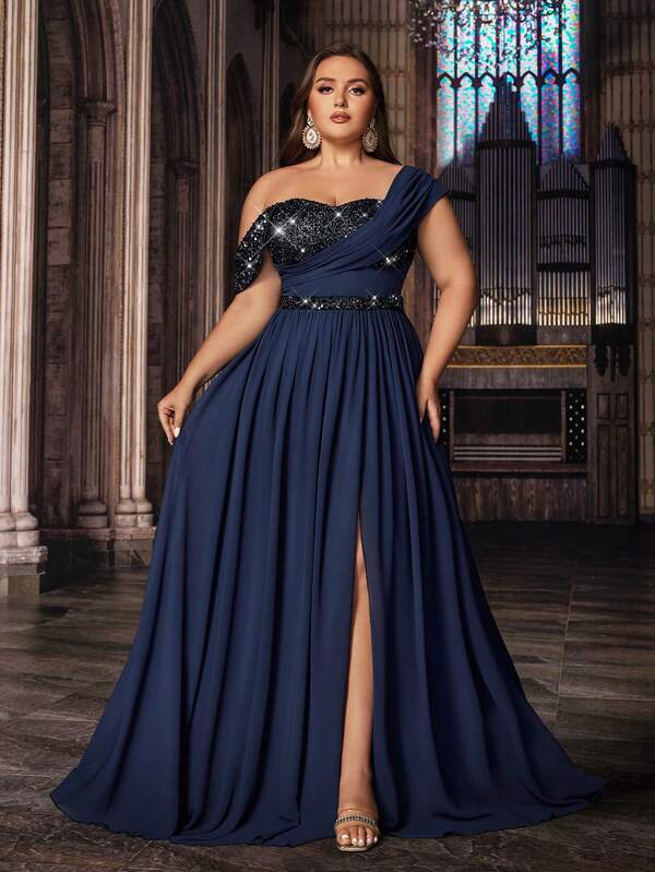 Gentle Elegant Solid Color Plus Size Chiffon Sequins Splicing Strapless Slit Gown Dresses