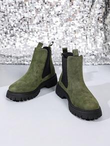 Fall/Winter 1 Pair Solid Color Preppy Style Casual Party Wedding Fine Velvet Women Ankle Boots, Suitable For Outdoor, Office, Party, Holiday, Wedding, Winter - Green - View 6