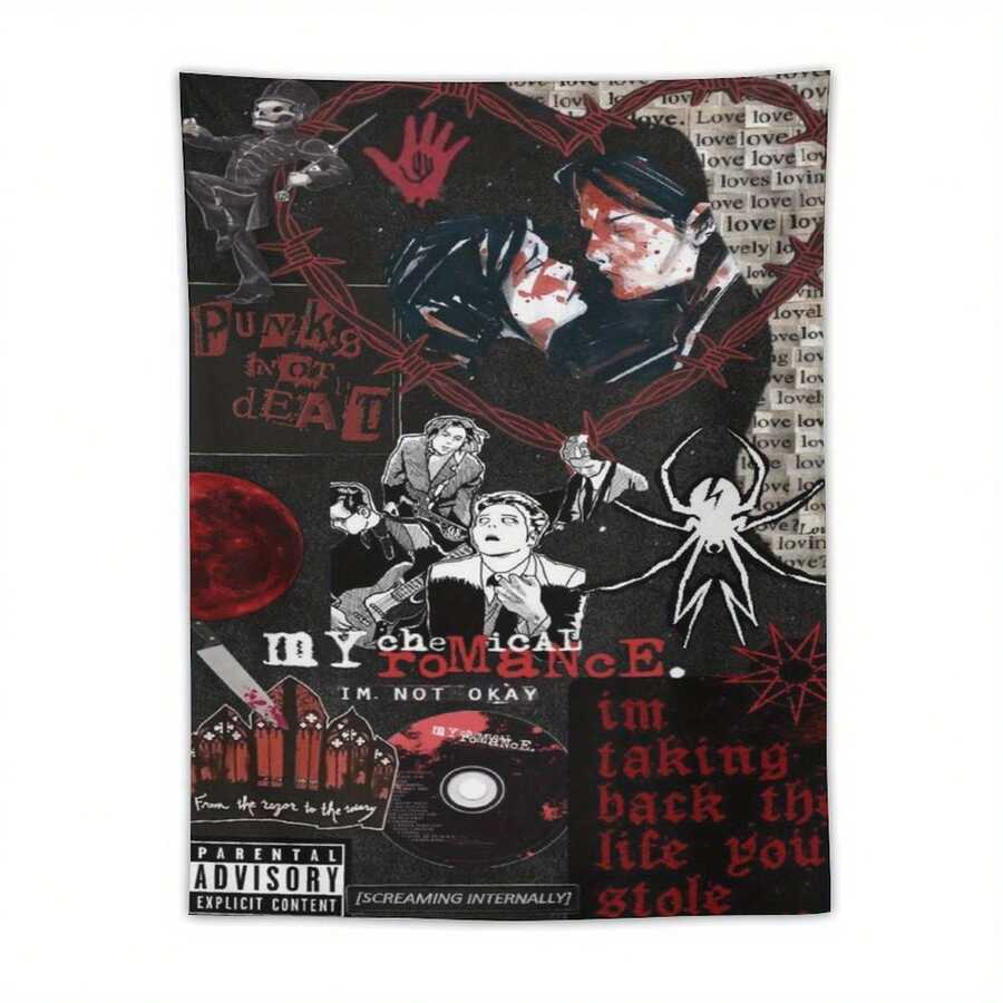1PC My Chemical Romantic Band Tapestry, 40*60INCH, Black And White Artwork, Suitable For Bedroom, Living Room, Dormitory Wall Decoration, Bedroom Wall Decoration - Multicolor - View 1