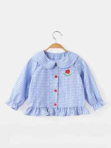 1 pieza Camisa de manga larga con cuello Peter Pan, estampado a cuadros y bordado floral, estilo casual y lindo para niñas, primavera/otoño - Azul - Ver 2