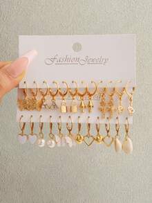 48pcs/Set Minimalist Cute Heart, Butterfly, Flower, Snake Lock, Mushroom, Shell Rhinestone Earrings Set, Gift For Women, Daily Wear - Yellow Gold - View 2