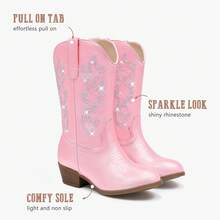 Girls Rose Pink PU Western Cowboy Boots Pointed Toe Mid Calf Rhinestone Riding Cowgirl Boots For Toddler Little Big Kids Party School Holiday Dress Up - 玫瑰粉 - 查看 4