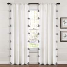 Lush Decor Boho Faux Linen Texture Tassel Rod Pocket Window Curtain Panel Single White/Turquoise 52X84 Halloween-Fall Decor-Room Decor - White/Gray - View 2
