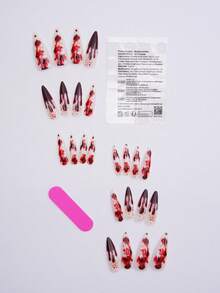 [万圣节] 24 件长款细高跟按压式指甲，血溅设计，乳白色底色，仿真指甲套装，适合万圣节和化妆派对 - 紅色 - 查看 3