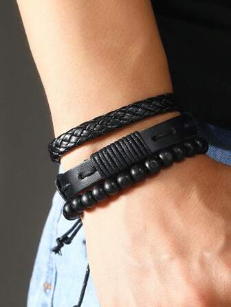 3 Pieces/Set Daily Decoration Men's Beaded Bracelet, Retro And Fashionable Woven Leather Bracelet