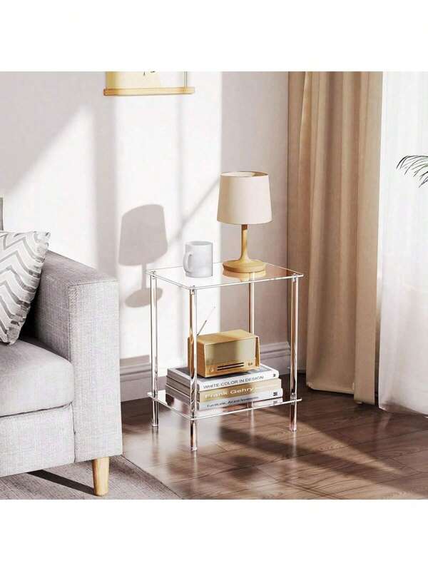 2 niveaux Table d'appoint en verre acrylique avec bord, petite table de chevet moderne, étagère de décoration pour bureau, chambre, salon, étude