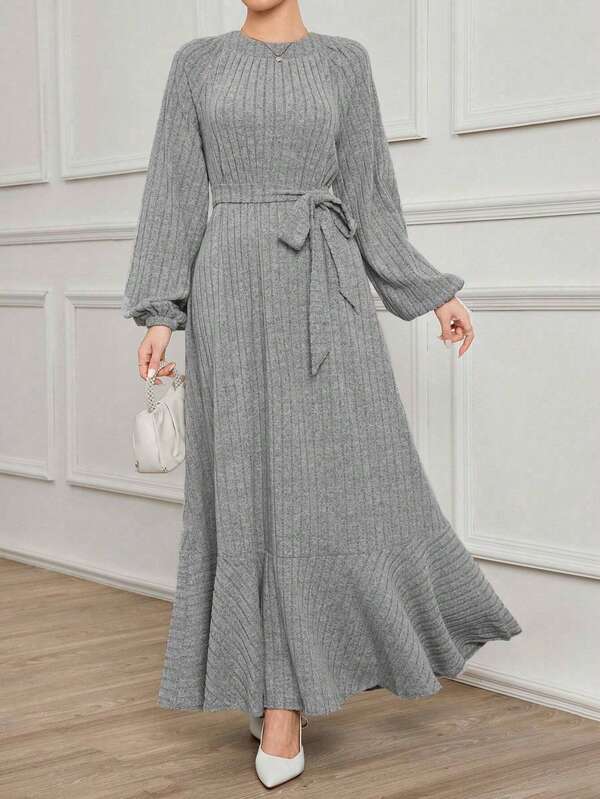 Plus Size Women's Long Ruffle Hem Round Neck Tie Waist Lantern Sleeve Knit Dress, Elegant For Daily Wear, Spring/Autumn, Suitable For Eid, New Year Gatherings, And Office/Casual Outings