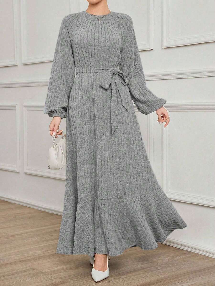 Đầm dệt kim dài tay phồng, cổ tròn, thắt eo, viền bèo nhún dành cho nữ cỡ lớn, thanh lịch cho mặc hàng ngày, mùa xuân/thu, thích hợp cho lễ Eid, các buổi họp mặt năm mới và đi làm/đi chơi thường ngày. - Xám - Xem 1