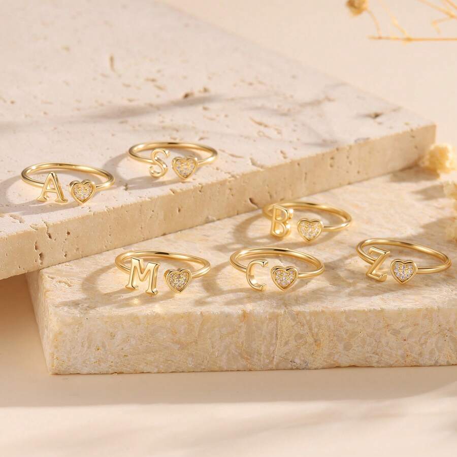 1 件装小心心 A-Z 字母戒指可调节开口戒指姓名首字母女性派对首饰 - 金色 - 查看 1
