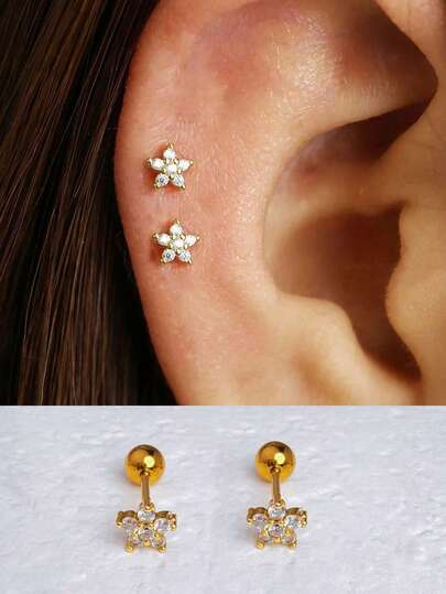1 Pair Stainless Steel 5-Petal Flower Stud Earrings, Spiral Ball Flat Earrings For Women, 14K Gold Plated With Small Zirconia, Suitable For Cartilage, Helix, Earlobe, Boho Elegant Piercing Jewelry