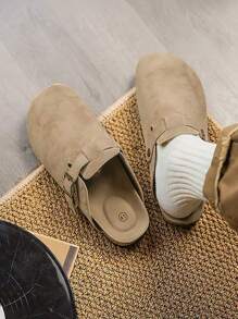 Sandalias de diapositivas de verano 2025, parte superior de cuero con diseño de hebilla, suela gruesa de corcho suave, elevada, de unicolor, simple, adecuada para exteriores, viajes, estilo casual de calle, a juego de pareja, pantuflas tipo mula sin cordones, cuero de alta calidad, cómoda, para uso interior y exterior