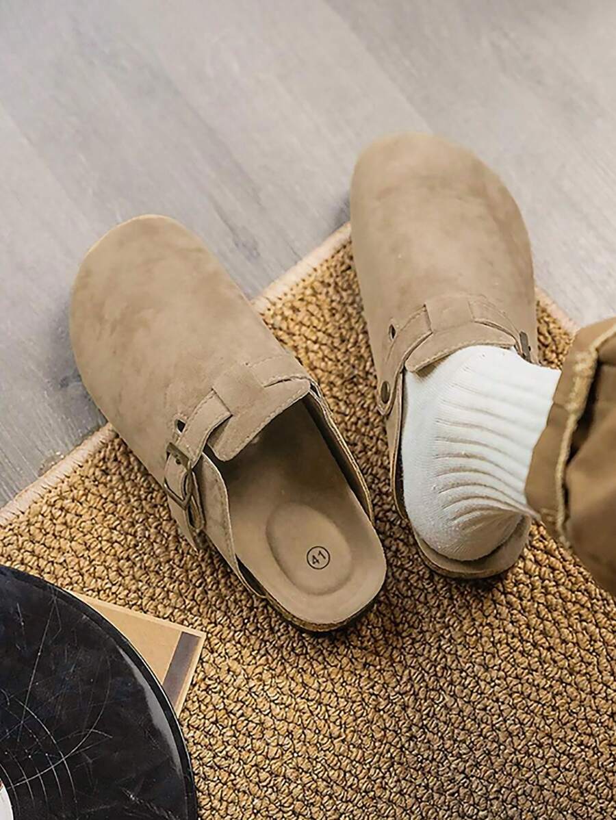 Sandalias de diapositivas de verano 2025, parte superior de cuero con diseño de hebilla, suela gruesa de corcho suave, elevada, de unicolor, simple, adecuada para exteriores, viajes, estilo casual de calle, a juego de pareja, pantuflas tipo mula sin cordones, cuero de alta calidad, cómoda, para uso interior y exterior